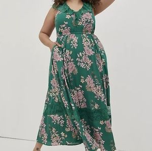 SMOCKED WAIST MAXI DRESS - GAUZE FLORAL GREEN Torrid Size 3 (24W)
